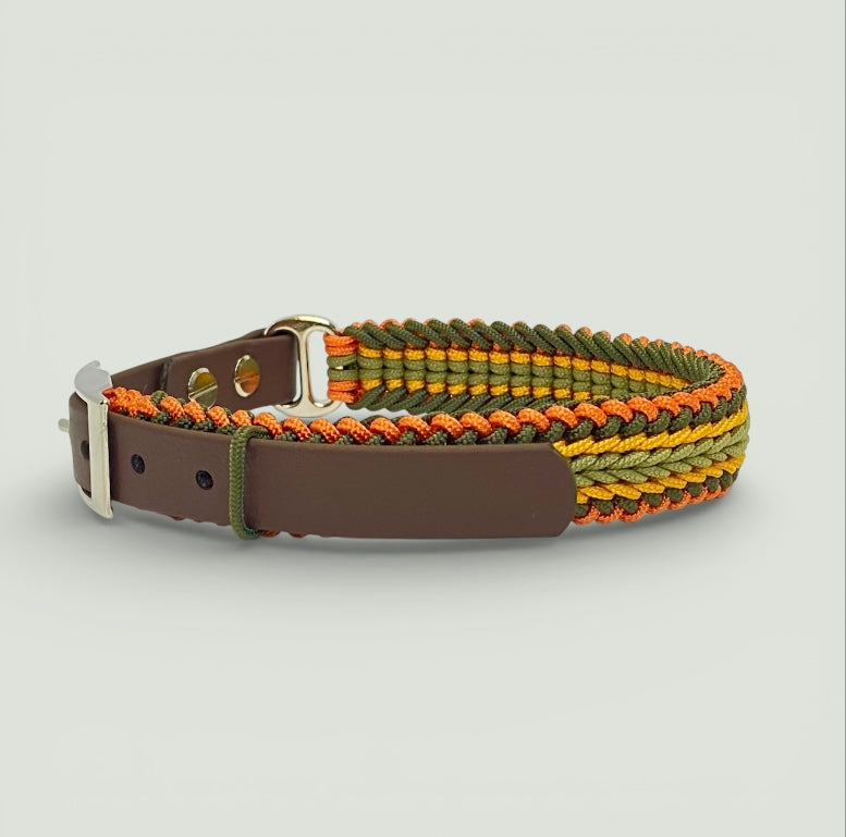 big green hound, cascade mini paracord collar for small dogs in green, yellow and orange